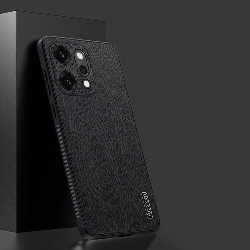 For Oppo Reno14 5G (Global) Case Wood Texture PU Leather Coated PC TPU Phone Cover - Black