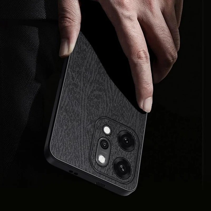 For Oppo Reno14 5G (Global) Case Wood Texture PU Leather Coated PC TPU Phone Cover - Black