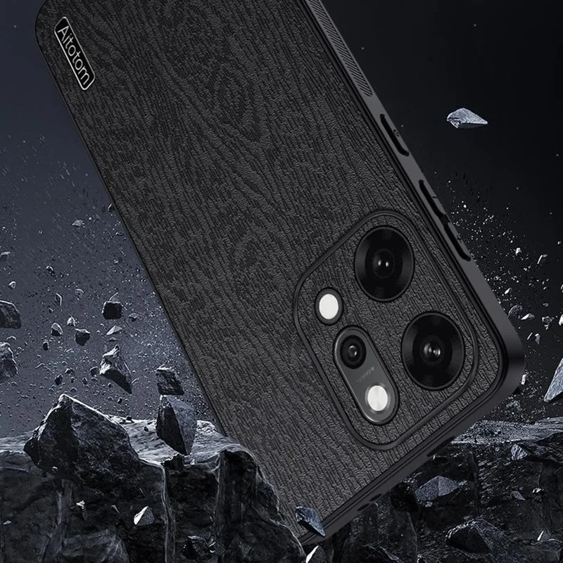For Oppo Reno14 5G (Global) Case Wood Texture PU Leather Coated PC TPU Phone Cover - Black