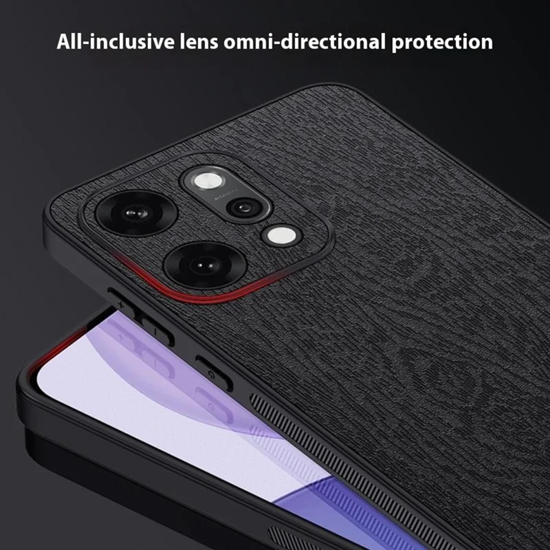 For Oppo Reno14 5G (Global) Case Wood Texture PU Leather Coated PC TPU Phone Cover - Black