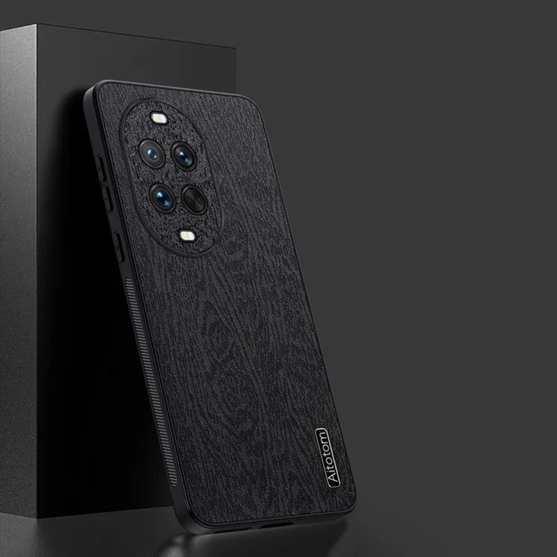 For Huawei nova 14 Pro 5G Case Wood Texture PU Leather Coated PC TPU Phone Cover - Black