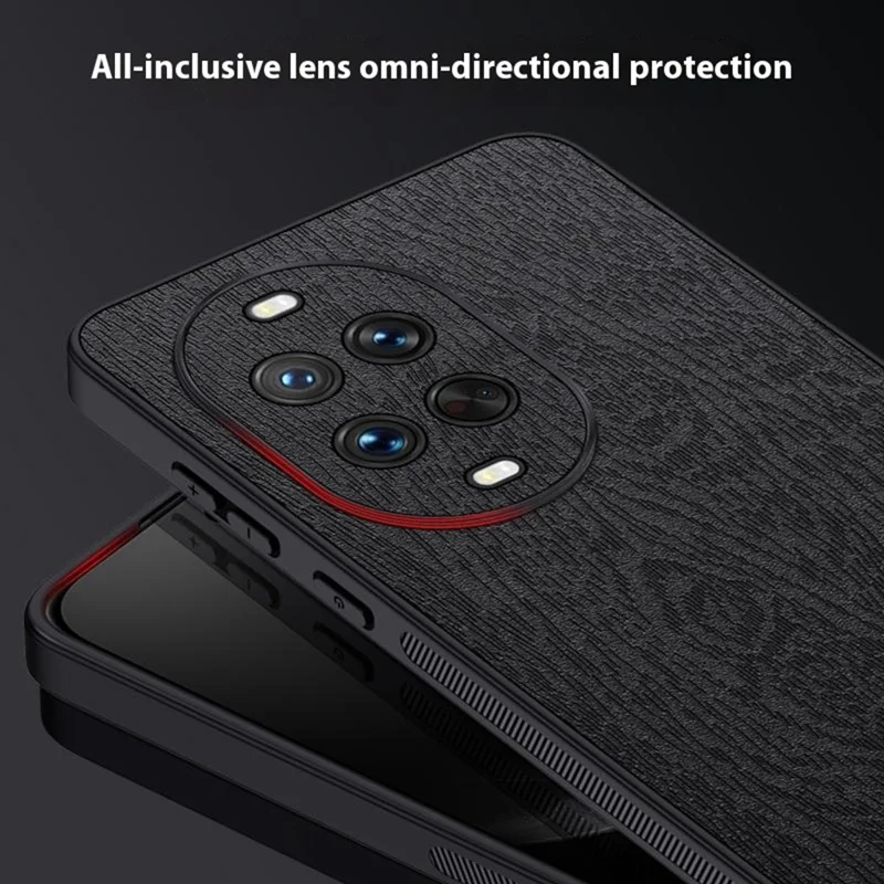 For Huawei nova 14 Pro 5G Case Wood Texture PU Leather Coated PC TPU Phone Cover - Black