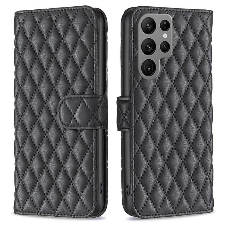 BINFEN COLOR BF Style-14 Cover antishock per Samsung Galaxy S23 Ultra, Custodia Flip Wallet in Pelle PU con Motivo Romboidale Impresso - Nero