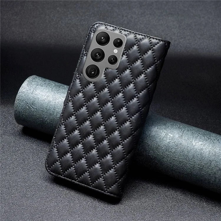 BINFEN COLOR BF Style-14 Cover antishock per Samsung Galaxy S23 Ultra, Custodia Flip Wallet in Pelle PU con Motivo Romboidale Impresso - Nero