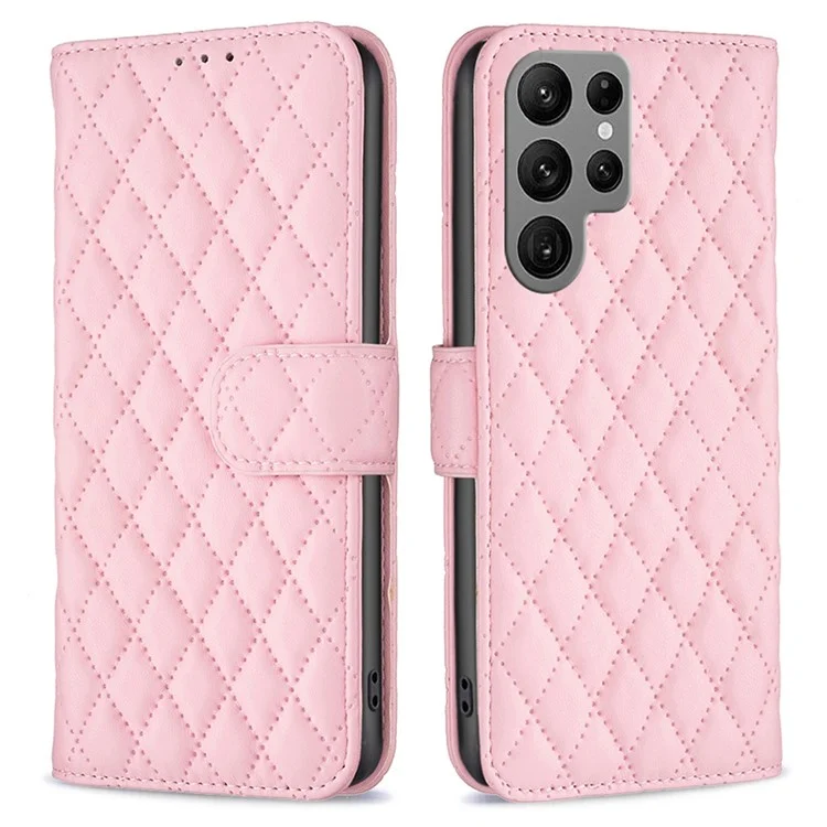 BINFEN COLOR BF Style-14 Funda Protectora Anti-Caídas para Samsung Galaxy S23 Ultra, Funda de Cartera de Cuero Sintético con Soporte Plegable y Patrón de Rombos Grabado - Rosa
