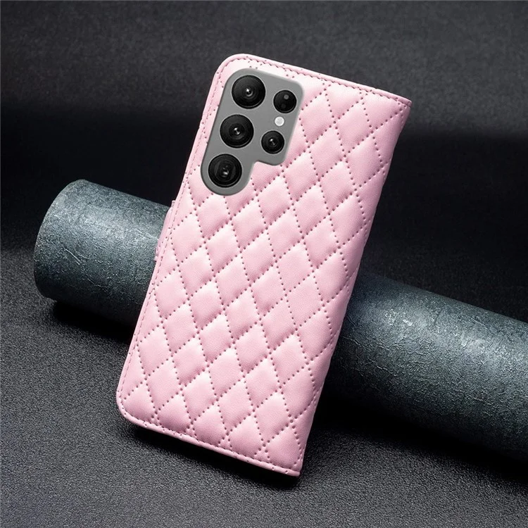 BINFEN COLOR BF Style-14 Funda Protectora Anti-Caídas para Samsung Galaxy S23 Ultra, Funda de Cartera de Cuero Sintético con Soporte Plegable y Patrón de Rombos Grabado - Rosa