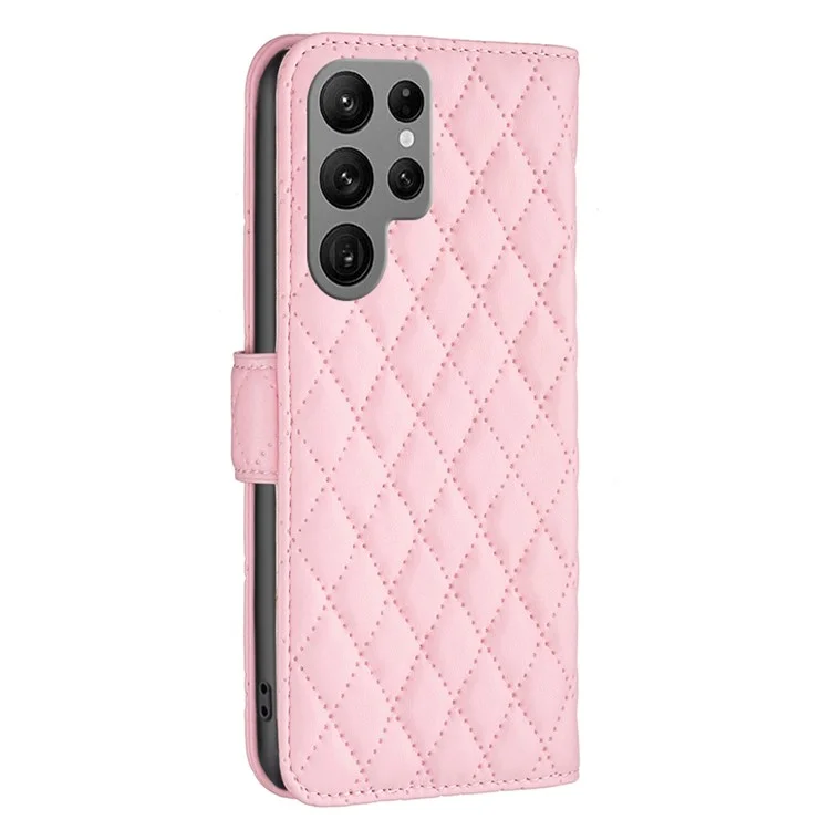 BINFEN COLOR BF Style-14 Funda Protectora Anti-Caídas para Samsung Galaxy S23 Ultra, Funda de Cartera de Cuero Sintético con Soporte Plegable y Patrón de Rombos Grabado - Rosa