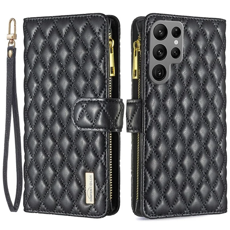 BINFEN COLOR BF Style-15 per Samsung Galaxy S23 Ultra Custodia per telefono antiurto Stand Motivo Rombo Stampato Tasca con Cerniera Portafoglio Custodia in Pelle - Nero