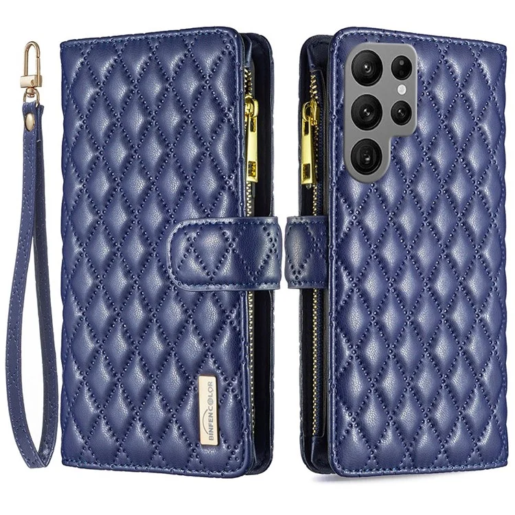 BINFEN COLOR BF Style-15 pour Samsung Galaxy S23 Ultra Coque de téléphone antichoc avec support Motif en relief en losange Poche à fermeture éclair Portefeuille en cuir synthétique - Bleu