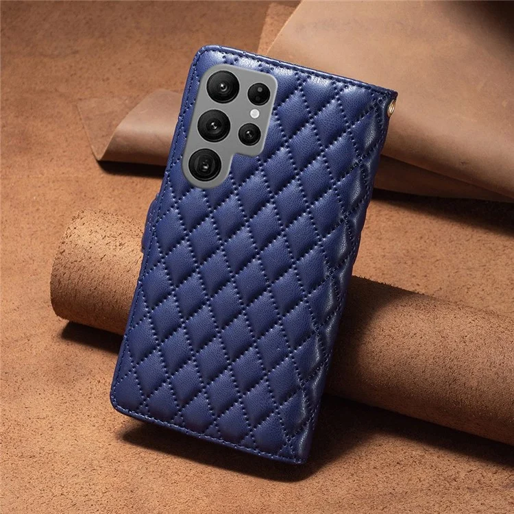 BINFEN COLOR BF Style-15 pour Samsung Galaxy S23 Ultra Coque de téléphone antichoc avec support Motif en relief en losange Poche à fermeture éclair Portefeuille en cuir synthétique - Bleu