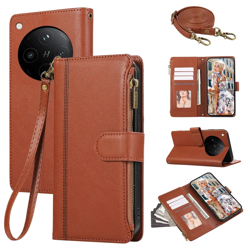 For Oppo Find X8 5G Case Multi Card Slots Zipper Leather Phone Cover with Shoulder Strap / Wrist Strap - Brown