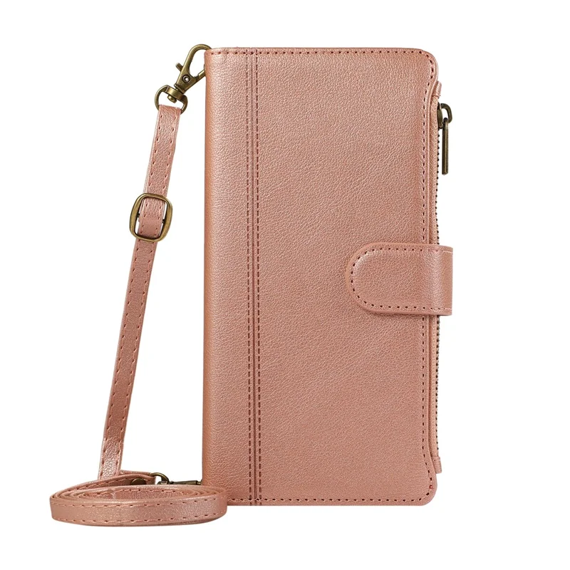 Phone Case For Xiaomi Redmi Note 14 Pro 5G / Note 14 Pro+ 5G / Poco X7 5G , Card Slots Zipper Leather Cover with Shoulder Strap / Wrist Strap - Rose Gold