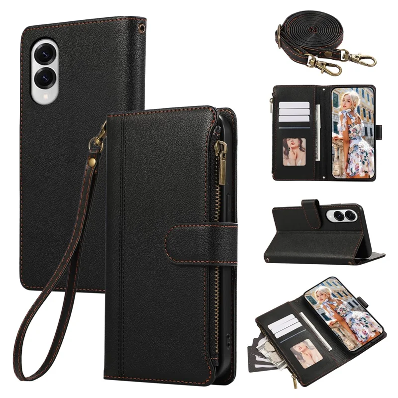Capa para Samsung Galaxy S25 Edge com Multi Compartimentos para Cartões, Zíper em Couro, Alça de Ombro / Pulso - Preto