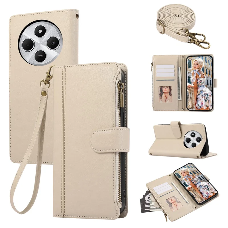 Capa de Celular Para Xiaomi Redmi 14C 4G / 14R 5G / A3 Pro 4G / A4 5G / Poco C75 4G / M7 5G, Slots para Cartão Capa de Couro com Zíper com Alça de Ombro / Alça de Pulso - Bege