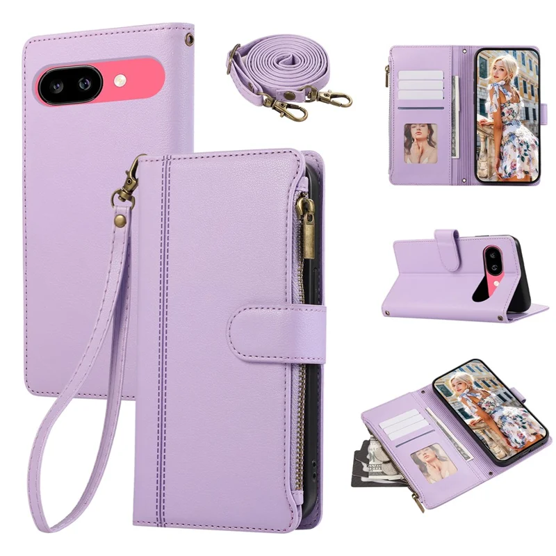 For Google Pixel 9a Case Multi Card Slots Zipper Leather Phone Cover with Shoulder Strap / Wrist Strap - Purple