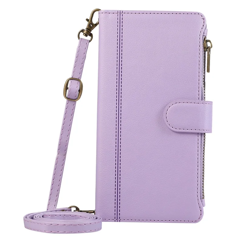 For Google Pixel 9a Case Multi Card Slots Zipper Leather Phone Cover with Shoulder Strap / Wrist Strap - Purple