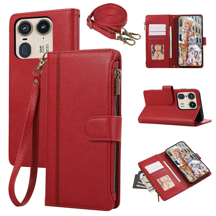 For Motorola Edge 50 Ultra 5G / Moto X50 Ultra 5G Case Multi Card Slots Zipper Leather Phone Cover with Shoulder Strap / Wrist Strap - Red