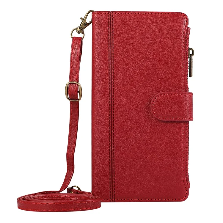 For Motorola Edge 50 Ultra 5G / Moto X50 Ultra 5G Case Multi Card Slots Zipper Leather Phone Cover with Shoulder Strap / Wrist Strap - Red
