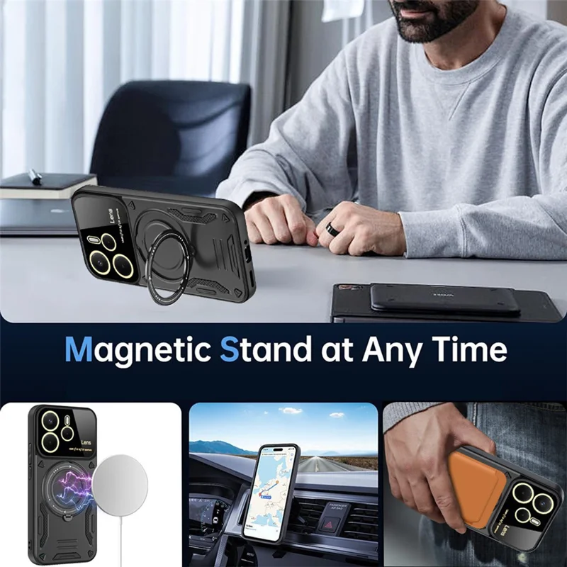 For Xiaomi Redmi Note 14 4G (164.84mm) Case Rotating Magnetic Kickstand PC + TPU Phone Cover - Black