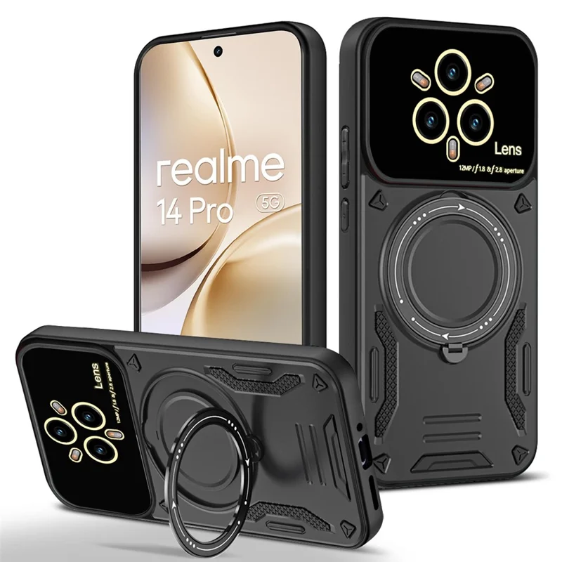 Чехол для Realme 14 Pro+ 5G с поворотной магнитной подставкой, PC + TPU - Черный