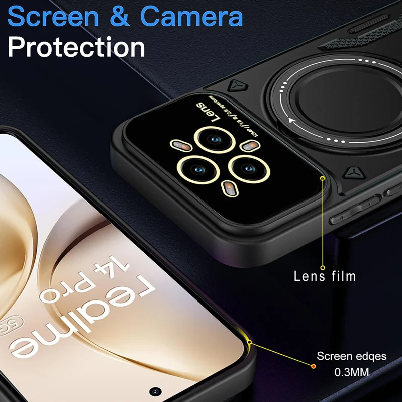 Чехол для Realme 14 Pro+ 5G с поворотной магнитной подставкой, PC + TPU - Черный
