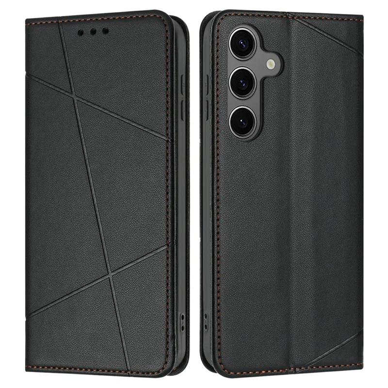 For Samsung Galaxy S25+ / S24+ Wallet Case Line Imprinted Leather Stand Phone Cover with Wrist Strap - Black