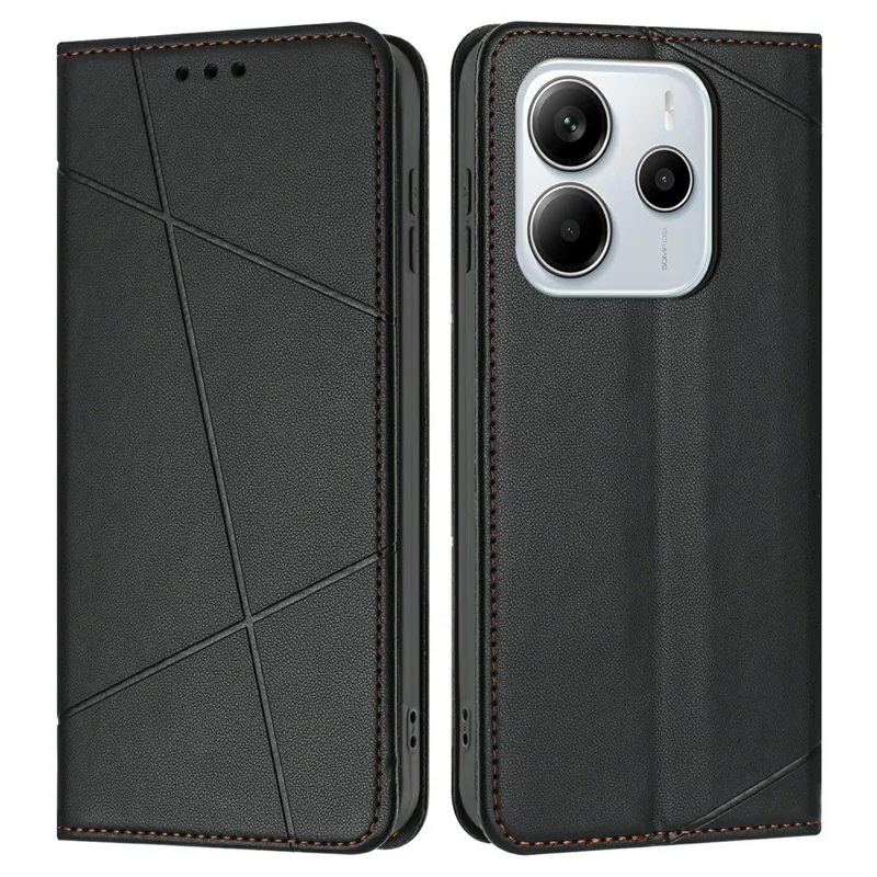 For Xiaomi Redmi Note 14 4G (164.84mm) Wallet Case Line Imprinted Leather Stand Phone Cover with Wrist Strap - Black