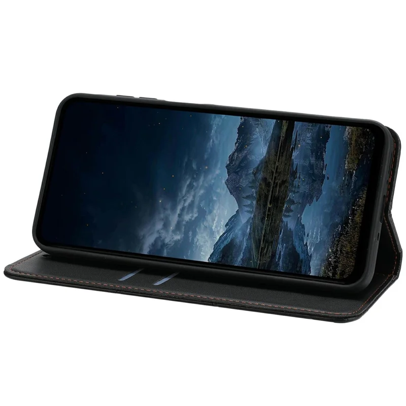 For Xiaomi Redmi Note 14 4G (164.84mm) Wallet Case Line Imprinted Leather Stand Phone Cover with Wrist Strap - Black