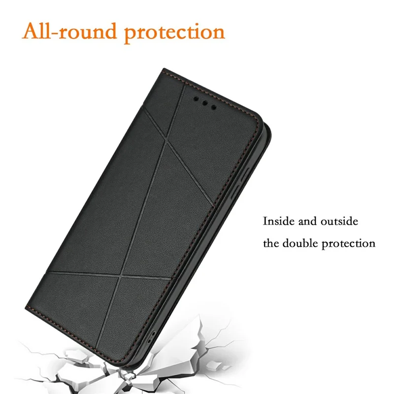 For Xiaomi Redmi Note 14 4G (164.84mm) Wallet Case Line Imprinted Leather Stand Phone Cover with Wrist Strap - Black