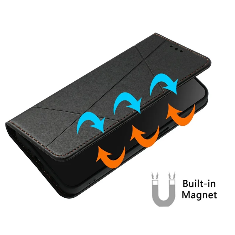 For Xiaomi Redmi Note 14 4G (164.84mm) Wallet Case Line Imprinted Leather Stand Phone Cover with Wrist Strap - Black