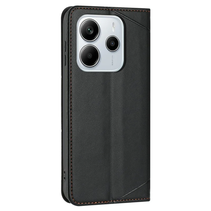 Funda tipo cartera para Xiaomi Redmi Note 14 5G con diseño de líneas en cuero, soporte y correa de muñeca - Negro