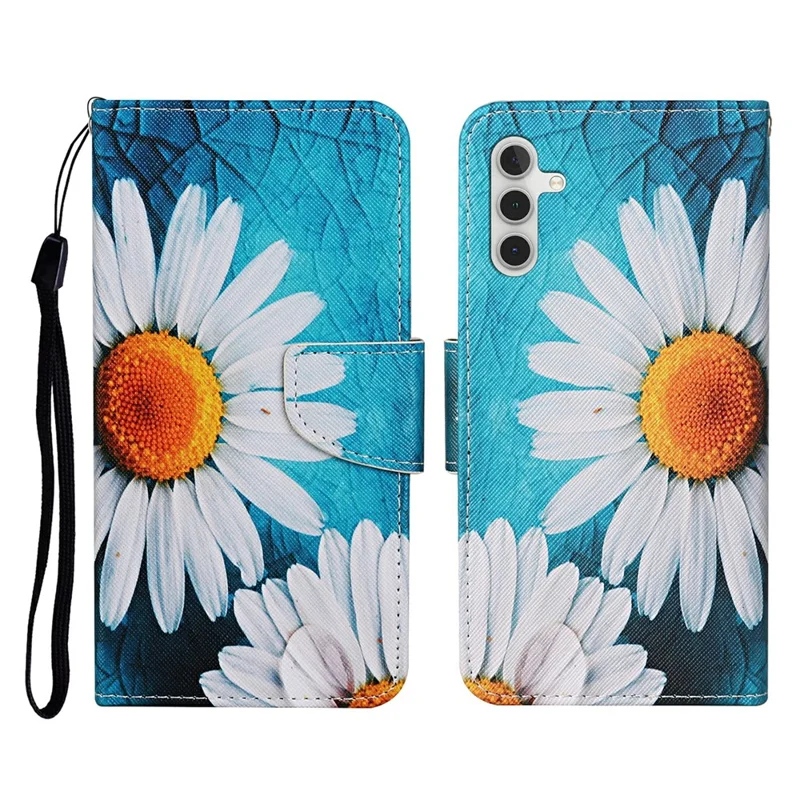 For Samsung Galaxy A56 5G Case Pattern Printing Protective Leather Folio Phone Cover with Wrist Strap - Large Chrysanthemum