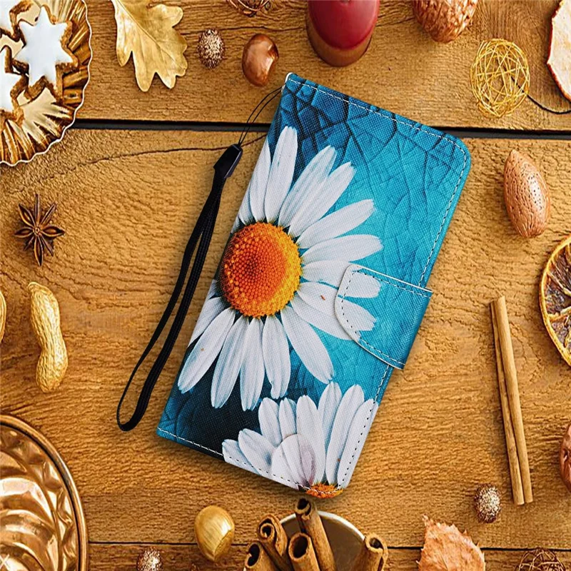 For Samsung Galaxy A56 5G Case Pattern Printing Protective Leather Folio Phone Cover with Wrist Strap - Large Chrysanthemum