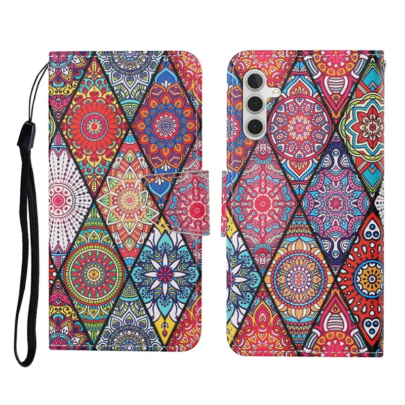 For Samsung Galaxy A56 5G Case Pattern Printing Protective Leather Folio Phone Cover with Wrist Strap - Rhombus Totem Rhombus