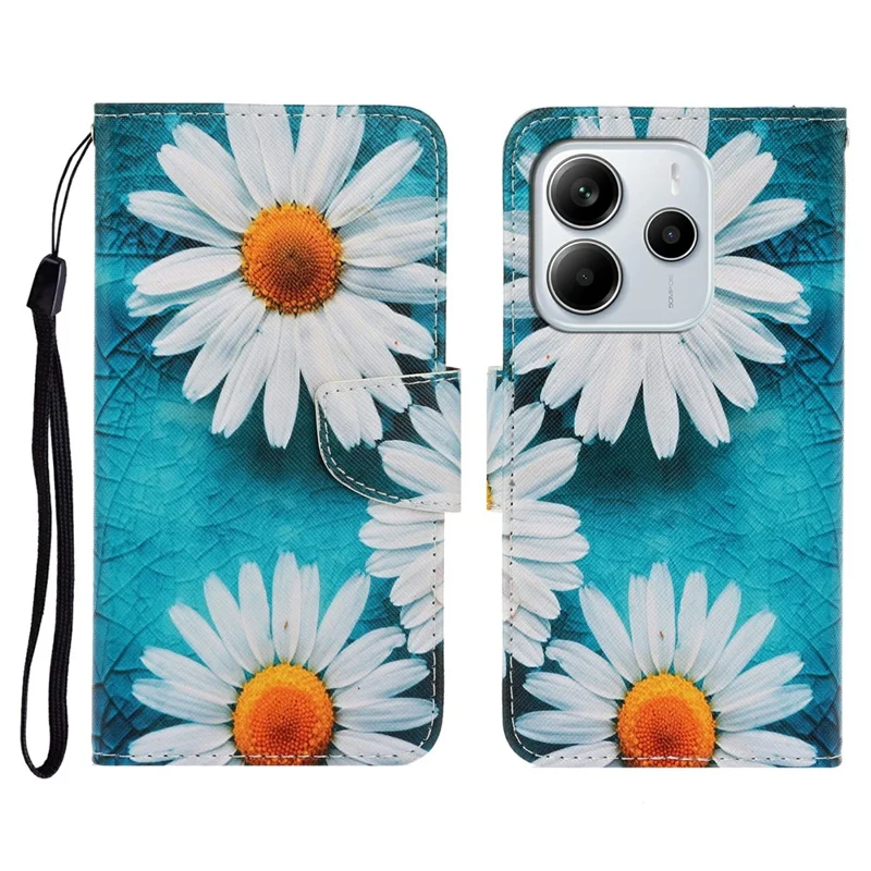 For Xiaomi Redmi Note 14 4G (163.25mm) Case Pattern Printing Protective Leather Folio Phone Cover with Wrist Strap - Chrysanthemum