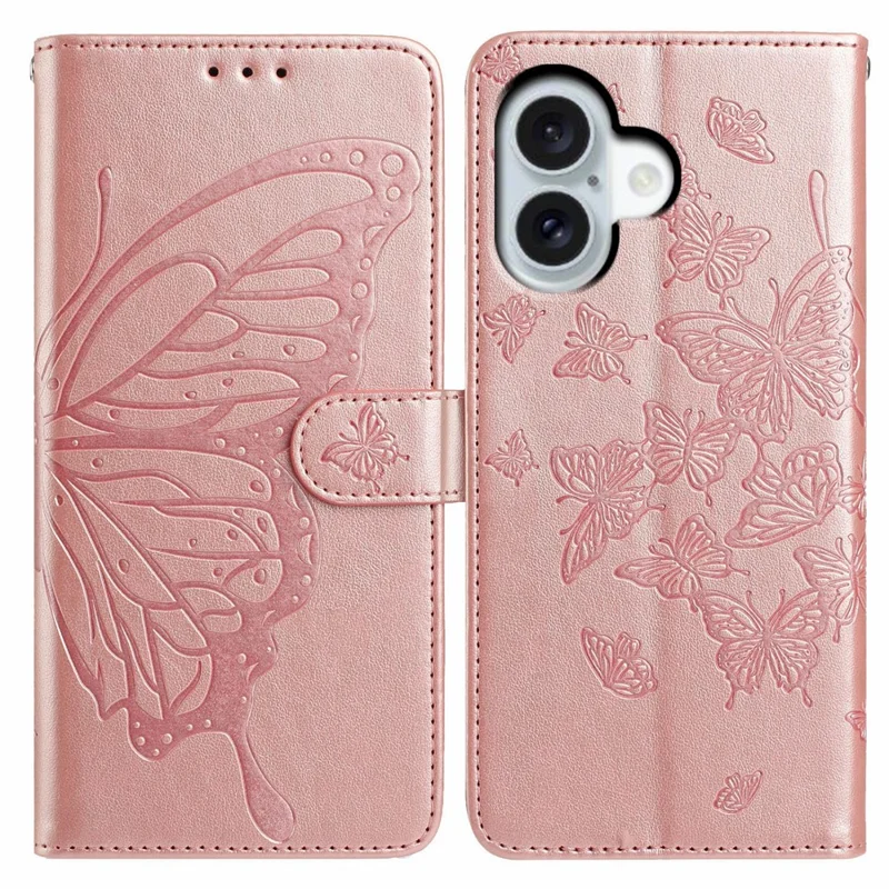 Cover a portafoglio con stampa di farfalla per iPhone 17, con supporto e cinturino - Oro rosa