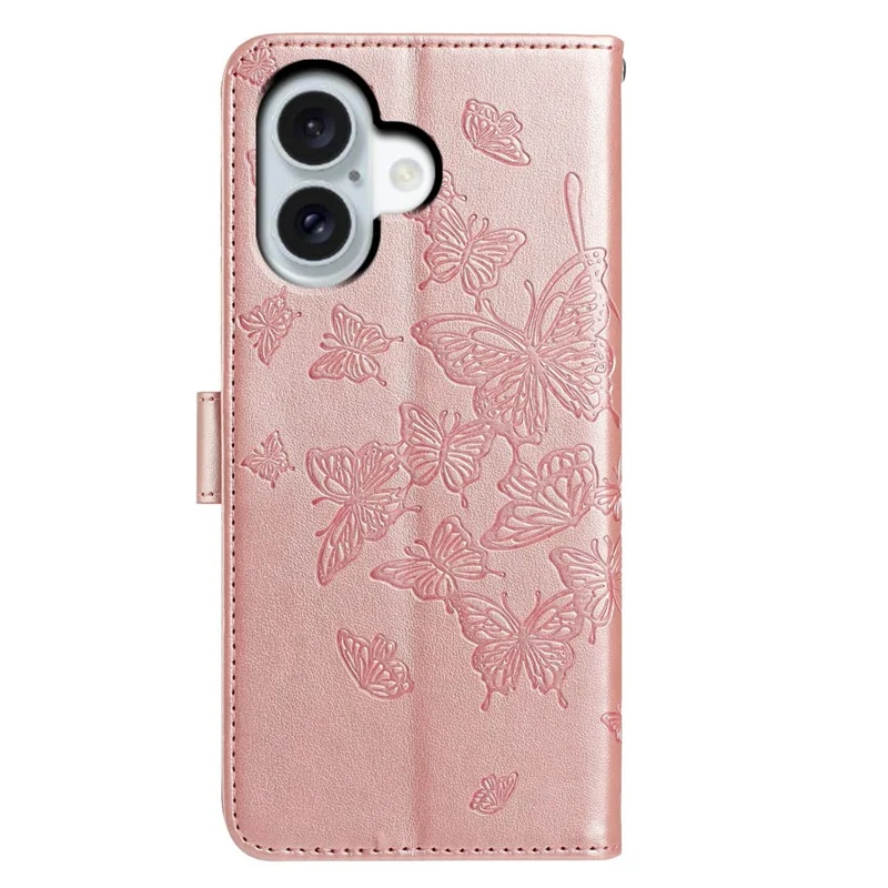 Cover a portafoglio con stampa di farfalla per iPhone 17, con supporto e cinturino - Oro rosa