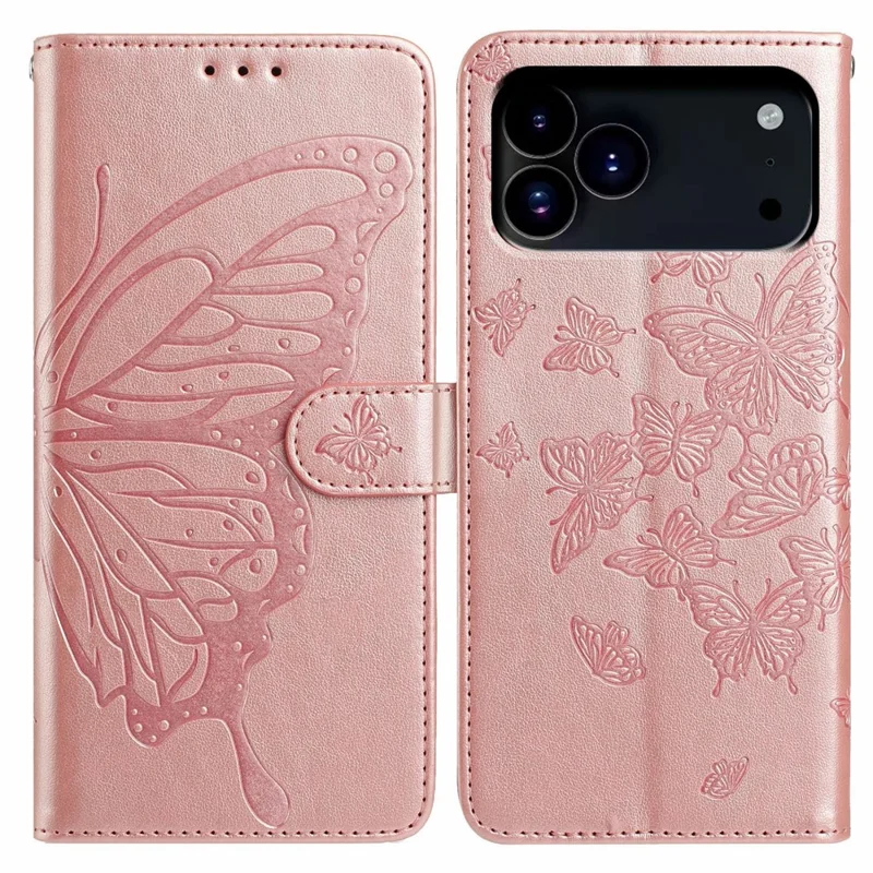 For iPhone 17 Pro Case Butterfly Imprinted Wallet Stand PU Leather Flip Phone Cover with Strap - Rose Gold
