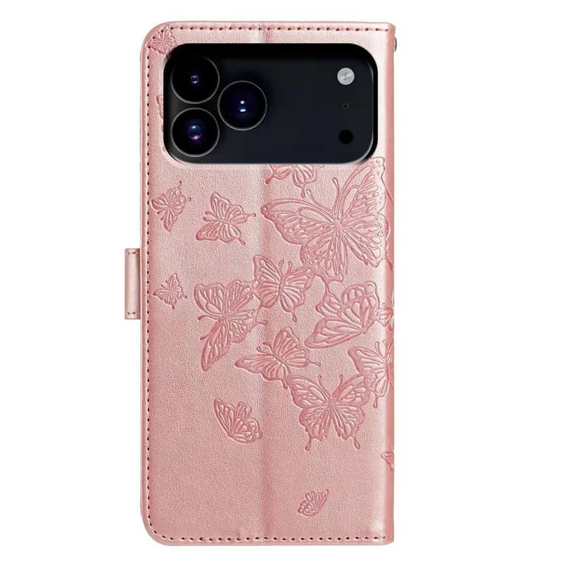 For iPhone 17 Pro Case Butterfly Imprinted Wallet Stand PU Leather Flip Phone Cover with Strap - Rose Gold