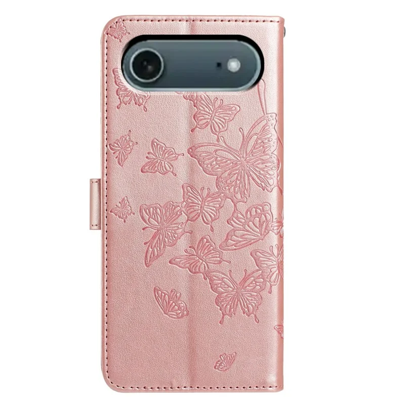 Für iPhone 17 Air Case Schmetterling Muster Wallet Ständer PU Leder Flip Handyhülle mit Trageriemen - Roségold