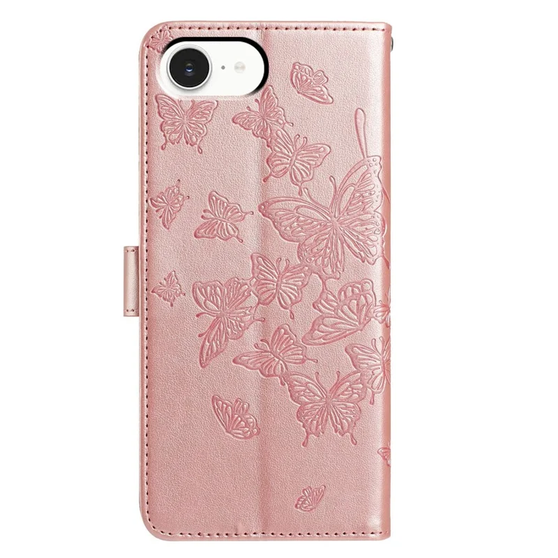 Per iPhone 16e Custodia Farfalla Stampata Portafoglio Stand Flip Cover in Pelle PU con Cinturino - Oro Rosa