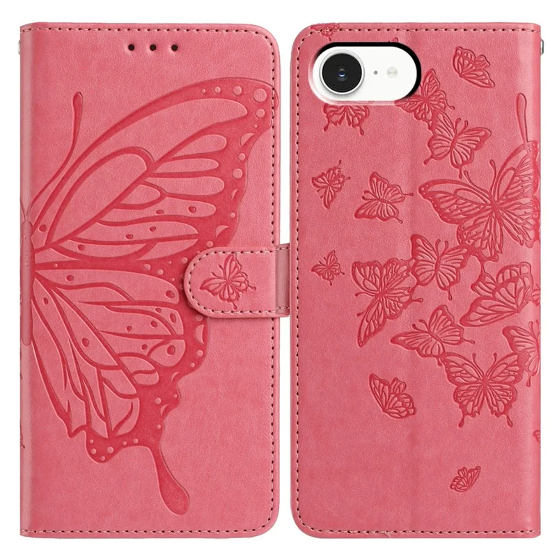 For iPhone 17e / 16e Case Butterfly Imprinted Wallet Stand PU Leather Flip Phone Cover with Strap - Rose