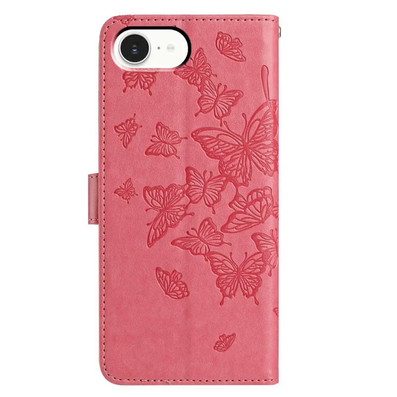 For iPhone 17e / 16e Case Butterfly Imprinted Wallet Stand PU Leather Flip Phone Cover with Strap - Rose