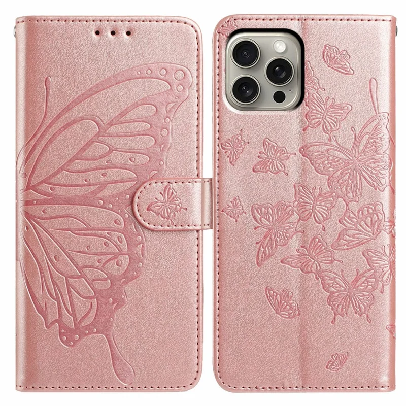 Capa para iPhone 16 Pro Max com Estampa de Borboleta, Carteira, Suporte, Couro PU, Flip, com Alça - Ouro Rosa