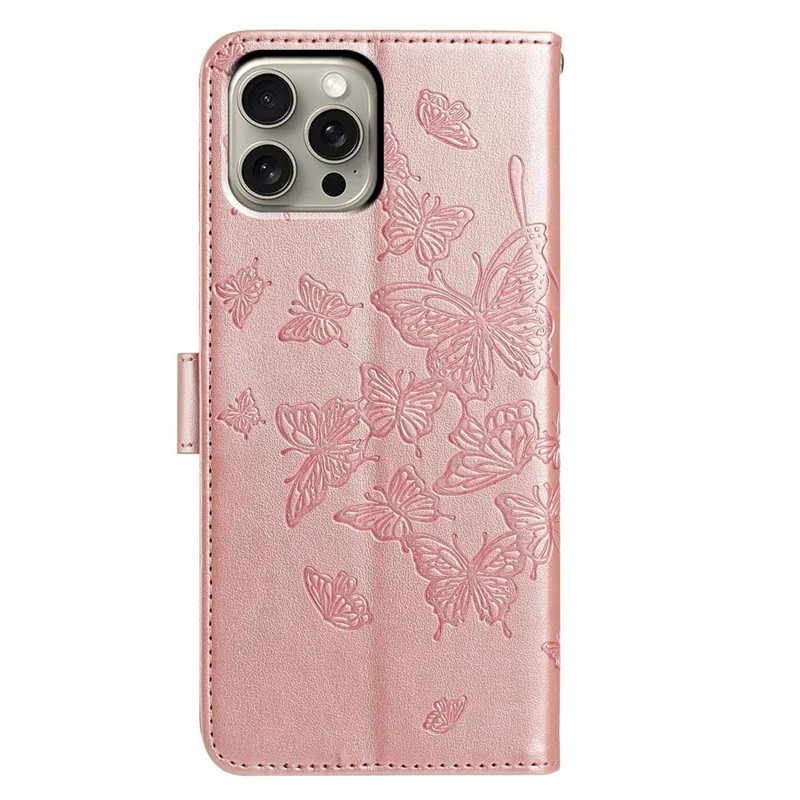 For iPhone 15 Pro Case Butterfly Imprinted Wallet Stand PU Leather Flip Phone Cover with Strap - Rose Gold