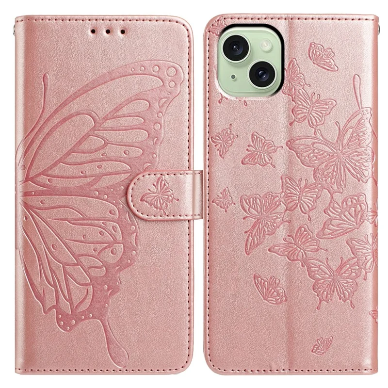 Чехол для iPhone 15 с бабочкой, с бумажником и подставкой, из искусственной кожи, с ремешком - Розовое золото