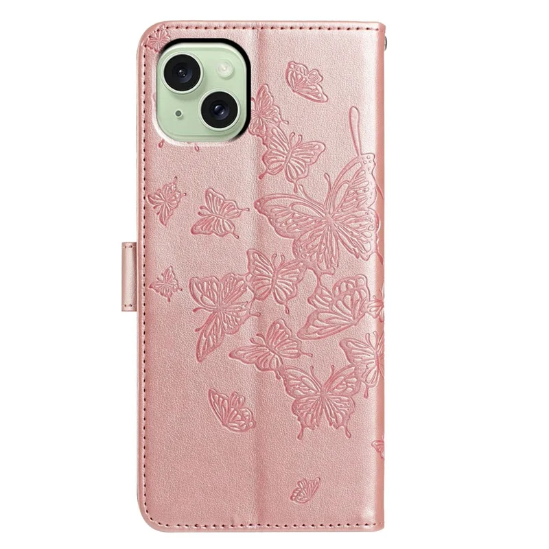 Чехол для iPhone 15 с бабочкой, с бумажником и подставкой, из искусственной кожи, с ремешком - Розовое золото