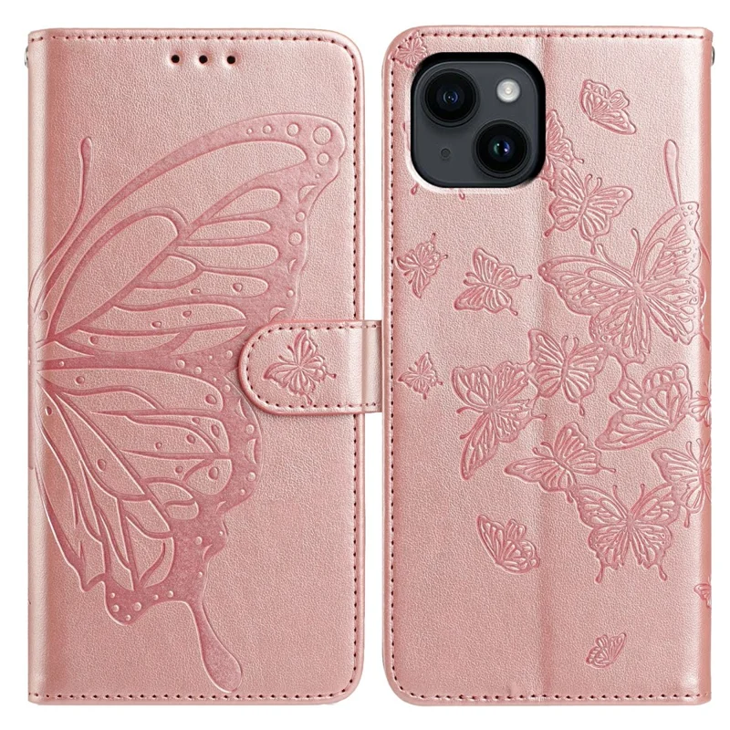 For iPhone 14 Case Butterfly Imprinted Wallet Stand PU Leather Flip Phone Cover with Strap - Rose Gold
