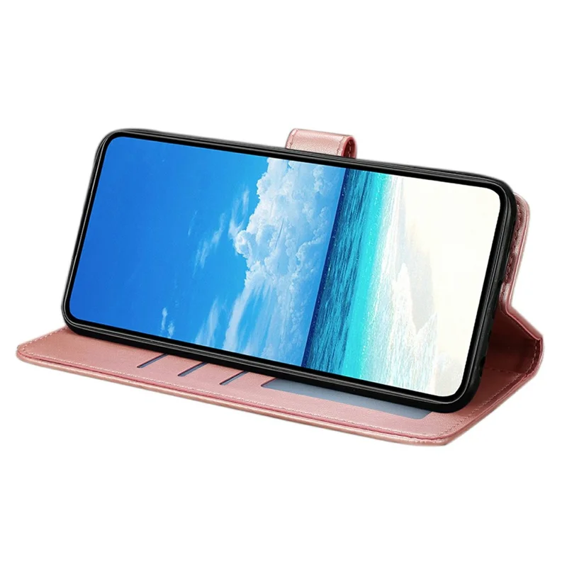 For iPhone 14 Case Butterfly Imprinted Wallet Stand PU Leather Flip Phone Cover with Strap - Rose Gold