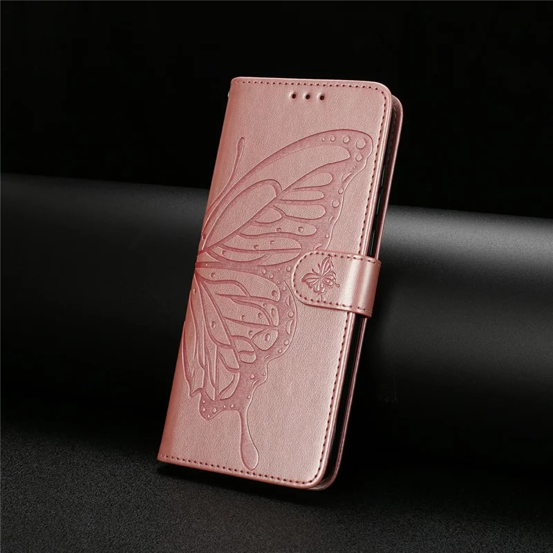 For iPhone 14 Case Butterfly Imprinted Wallet Stand PU Leather Flip Phone Cover with Strap - Rose Gold